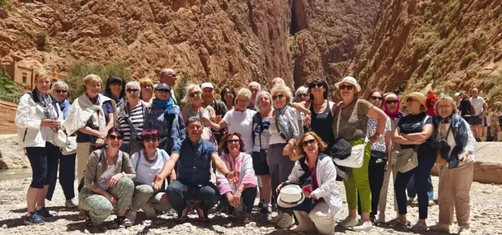 Tourist group visiting Todra Gorge during a Morocco transport program
